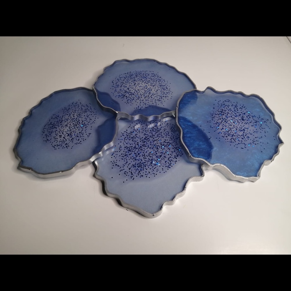 Handmade blue and silver coasters